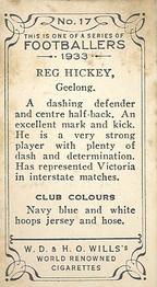 1933 Wills's Victorian Footballers (Small) #17 Reg Hickey Back